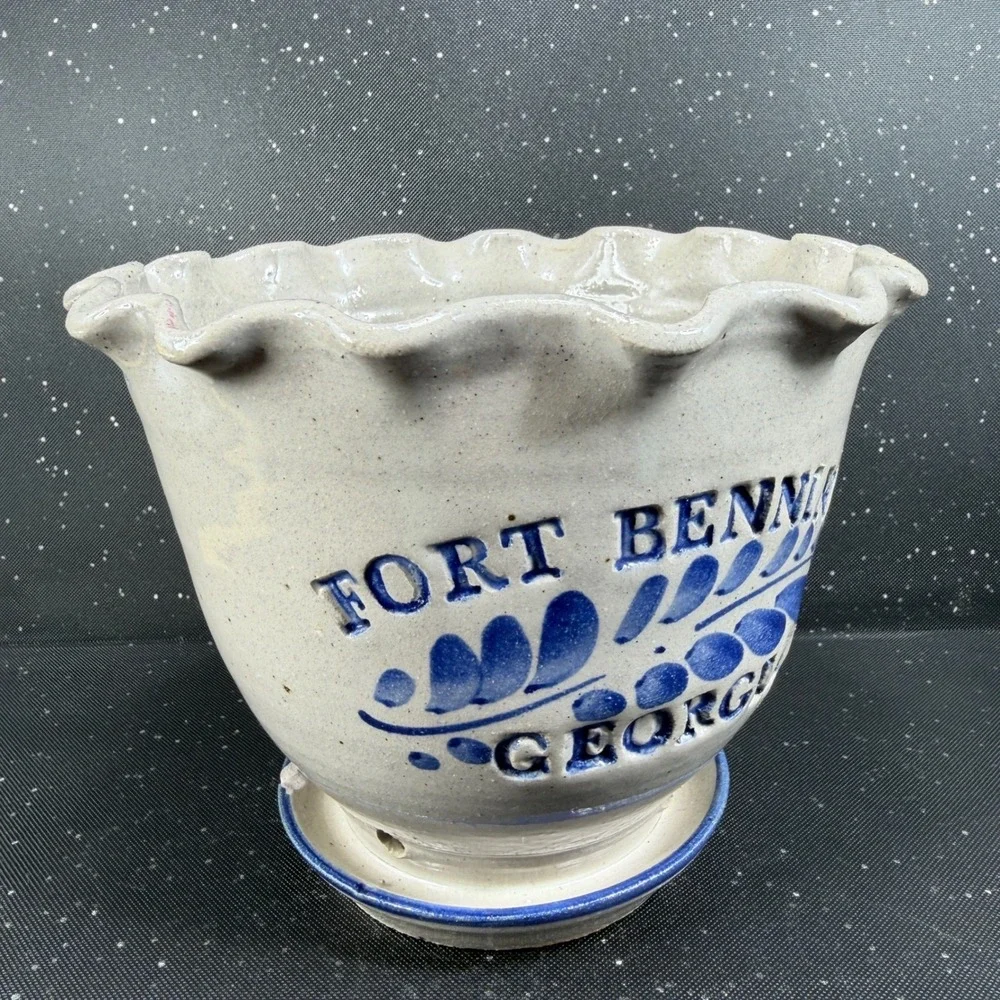 Westerwald Stoneware Fort Benning Georgia Planter Ruffled Rim Cobalt Blue Signed